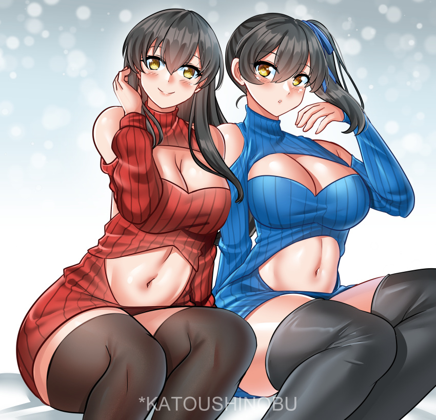 2girls absurdres akagi_(kancolle) alternate_costume black_thighhighs blush breasts brown_eyes brown_hair cleavage hair_between_eyes highres kaga_(kancolle) kantai_collection katou_shinobu large_breasts long_hair long_sleeves looking_at_viewer multiple_girls navel parted_lips side_ponytail thighhighs