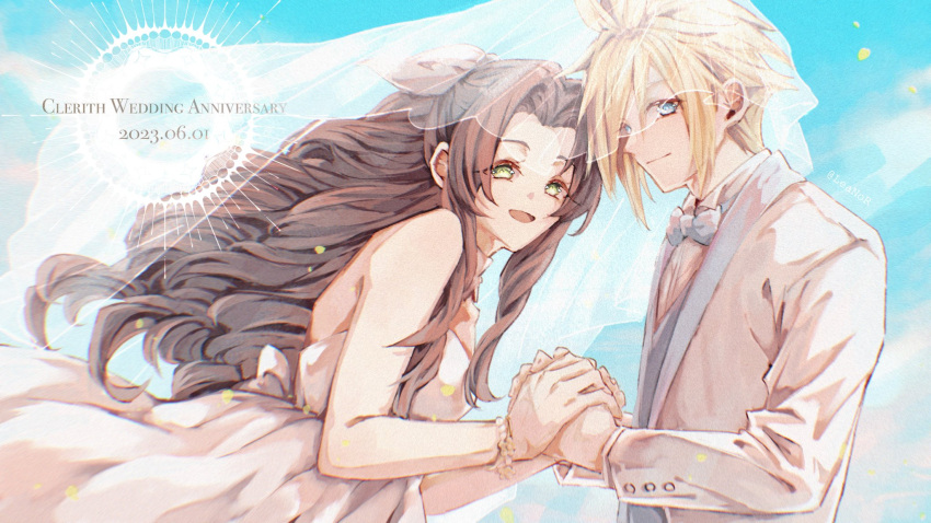 aerith_gainsborough back_bow bare_shoulders blonde_hair blue_bow blue_bowtie blue_eyes blue_sky bow bowtie bracelet bridal_veil brown_hair cloud_strife collared_shirt couple dated dress final_fantasy final_fantasy_vii formal green_eyes hair_between_eyes hair_ribbon hetero highres holding_hands husband_and_wife jacket jewelry leanor_ff14 long_hair long_sleeves looking_at_viewer open_mouth outdoors parted_bangs ponytail ribbon ringlets shirt short_hair sidelocks sky smile spiked_hair strapless strapless_dress suit suit_jacket upper_body veil wavy_hair wedding wedding_dress white_dress white_jacket white_shirt white_suit
