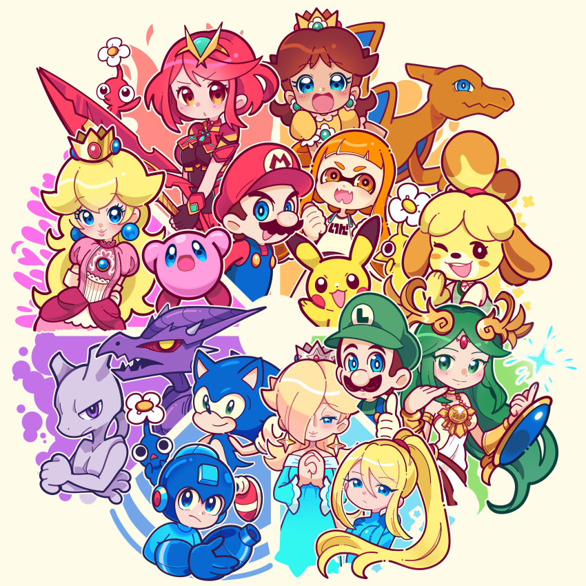 4boys 6+girls absurdres animal_crossing blonde_hair blue_dress blue_eyes blue_overalls blue_pikmin brown_eyes brown_hair charizard color_wheel_challenge crown dress earrings flower_earrings frilled_dress frills green_eyes green_hair green_headwear green_shirt hair_over_one_eye hands_up highres inkling inkling_girl isabelle_(animal_crossing) jewelry kid_icarus kirby kirby_(series) long_hair looking_at_viewer luigi marikyuunn mario mario_(series) mega_man_(character) mega_man_(series) metroid mewtwo multiple_boys multiple_drawing_challenge multiple_girls orange_dress orange_hair overalls own_hands_together palutena pikachu pikmin_(creature) pikmin_(series) pink_dress pokemon pokemon_(creature) ponytail princess_daisy princess_peach puffy_short_sleeves puffy_sleeves purple_eyes pyra_(xenoblade) red_footwear red_hair red_headwear red_pikmin red_shirt ridley rosalina samus_aran shirt shoes short_hair short_sleeves sonic_(series) sonic_the_hedgehog splatoon_(series) strapless strapless_dress thumbs_up upper_body white_dress xenoblade_chronicles_(series) xenoblade_chronicles_2 yellow_pikmin zero_suit