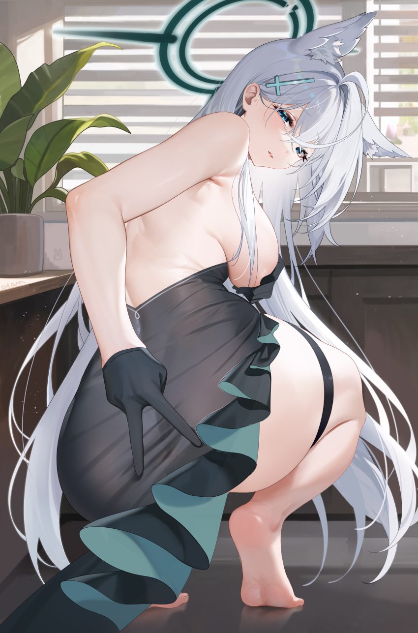 1girl absurdres ahoge animal_ear_fluff animal_ears ass barefoot black_gloves blinds blue_archive blue_eyes breasts covering covering_breasts cross_hair_ornament from_behind gloves grey_hair hair_ornament halo highres large_breasts long_hair looking_back parted_lips pei_er_xia plant shiroko_(blue_archive) shiroko_(terror)_(blue_archive) soles solo squatting thigh_strap v very_long_hair wolf_ears