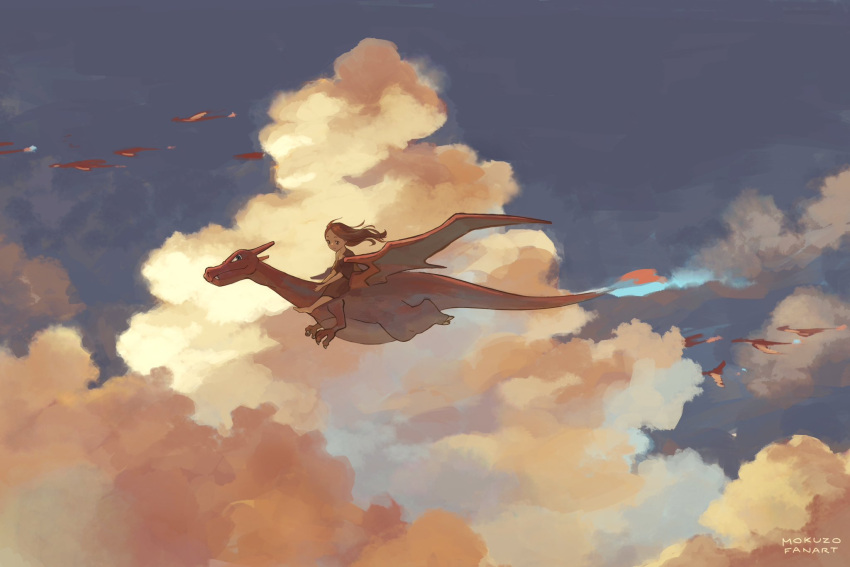 1girl barefoot brown_hair brown_shirt brown_shorts charizard cloud flame-tipped_tail floating_hair flying from_side highres long_hair looking_down mokuzou_(moku_ssbu) outdoors pokemon pokemon_(creature) riding riding_pokemon shirt short_sleeves shorts signature sitting sky t-shirt