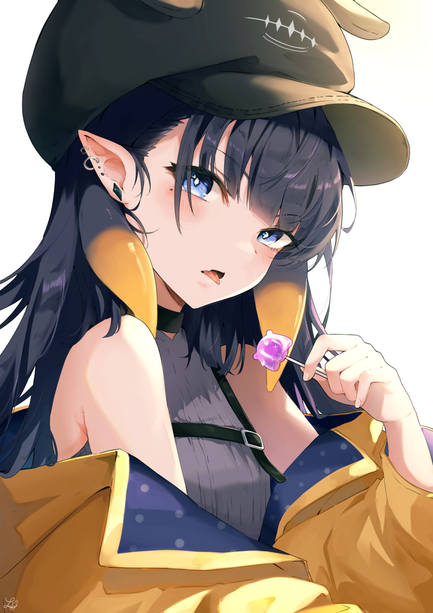 1girl absurdres bare_shoulders black_hair blue_eyes blush candy ear_piercing earrings food hat highres hololive hololive_english jacket jewelry lollipop long_hair lucferz mole mole_under_eye ninomae_ina'nis off_shoulder open_mouth piercing pointy_ears simple_background solo tentacles tongue tongue_out virtual_youtuber white_background