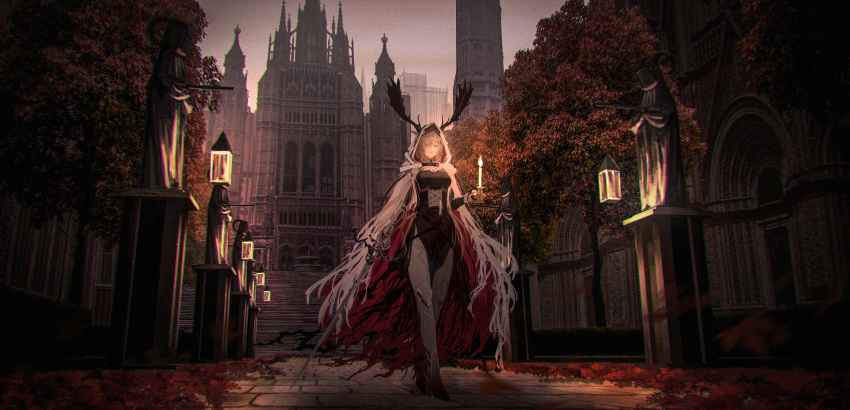 1girl absurdres animal_ears antlers antlers_through_hood arknights black_dress blonde_hair blue_eyes candle cape castle deer_antlers deer_ears deer_girl dress ears_through_hood evening fire full_body grey_sky hair_between_eyes highres holding holding_candle holding_sword holding_weapon hood hood_up hooded_cape lantern looking_at_viewer medieval outdoors parted_lips path red_cape ressec scenery sky solo sword tree two-sided_cape two-sided_fabric viviana_(arknights) weapon white_cape