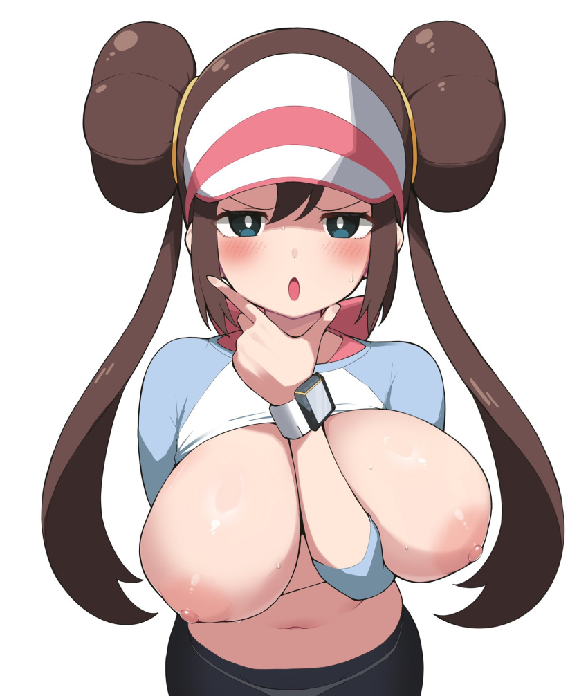 1girl :o blue_eyes blush breasts brown_hair double_bun hair_bun hand_on_own_chin hat highres large_breasts long_hair looking_at_viewer navel nipples open_mouth pokemon pokemon_(game) pokemon_bw2 pokemon_masters_ex rosa_(pokemon) simple_background solo stroking_own_chin twintails visor_cap white_background yabai_gorilla