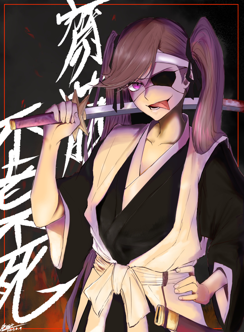 1girl absurdres black_kimono black_ribbon bleach bleach:_the_thousand-year_blood_war collarbone commentary_request dark_background dated eyepatch hair_ribbon hand_on_own_hip haori highres iknsk japanese_clothes katana kimono long_hair looking_at_viewer lower_teeth_only over_shoulder pink_hair ribbon saitou_furoufushi sheath shinigami short_sleeves signature solo sword sword_over_shoulder taichou_haori teeth tongue tongue_out twintails weapon weapon_over_shoulder wide_sleeves zanpakutou