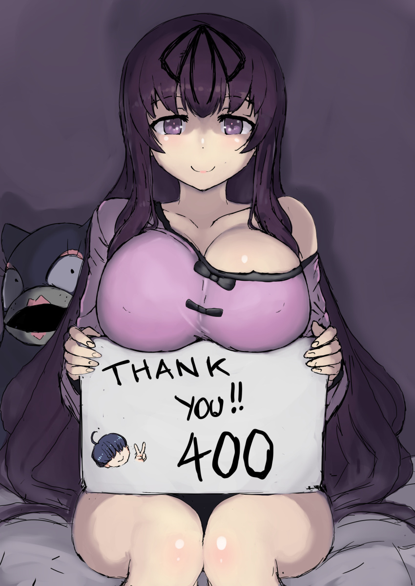 absurdres bare_legs bare_shoulders breasts highres jeaike_art large_breasts long_hair looking_at_viewer murasaki_(senran_kagura) pajamas purple_eyes purple_hair purple_theme senran_kagura senran_kagura_shinovi_versus sign smile thank_you very_long_hair