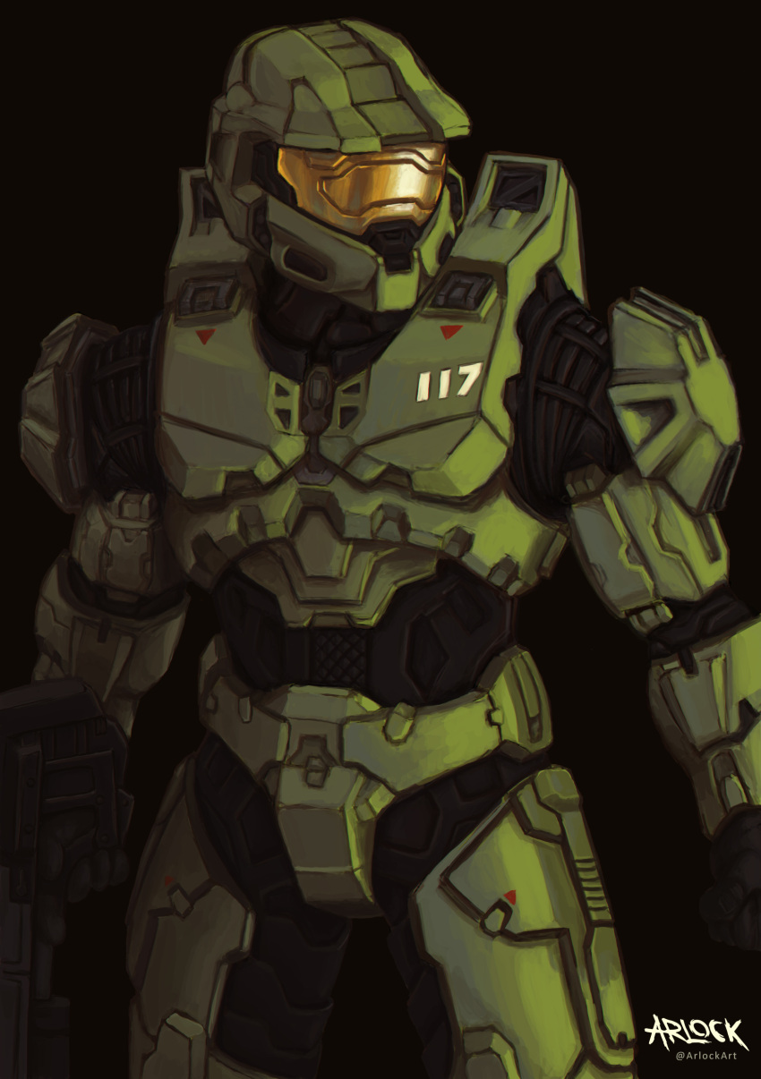 1boy absurdres arlock artist_name black_background halo_(series) helmet highres looking_to_the_side male_focus master_chief power_armor science_fiction solo spartan_(halo)