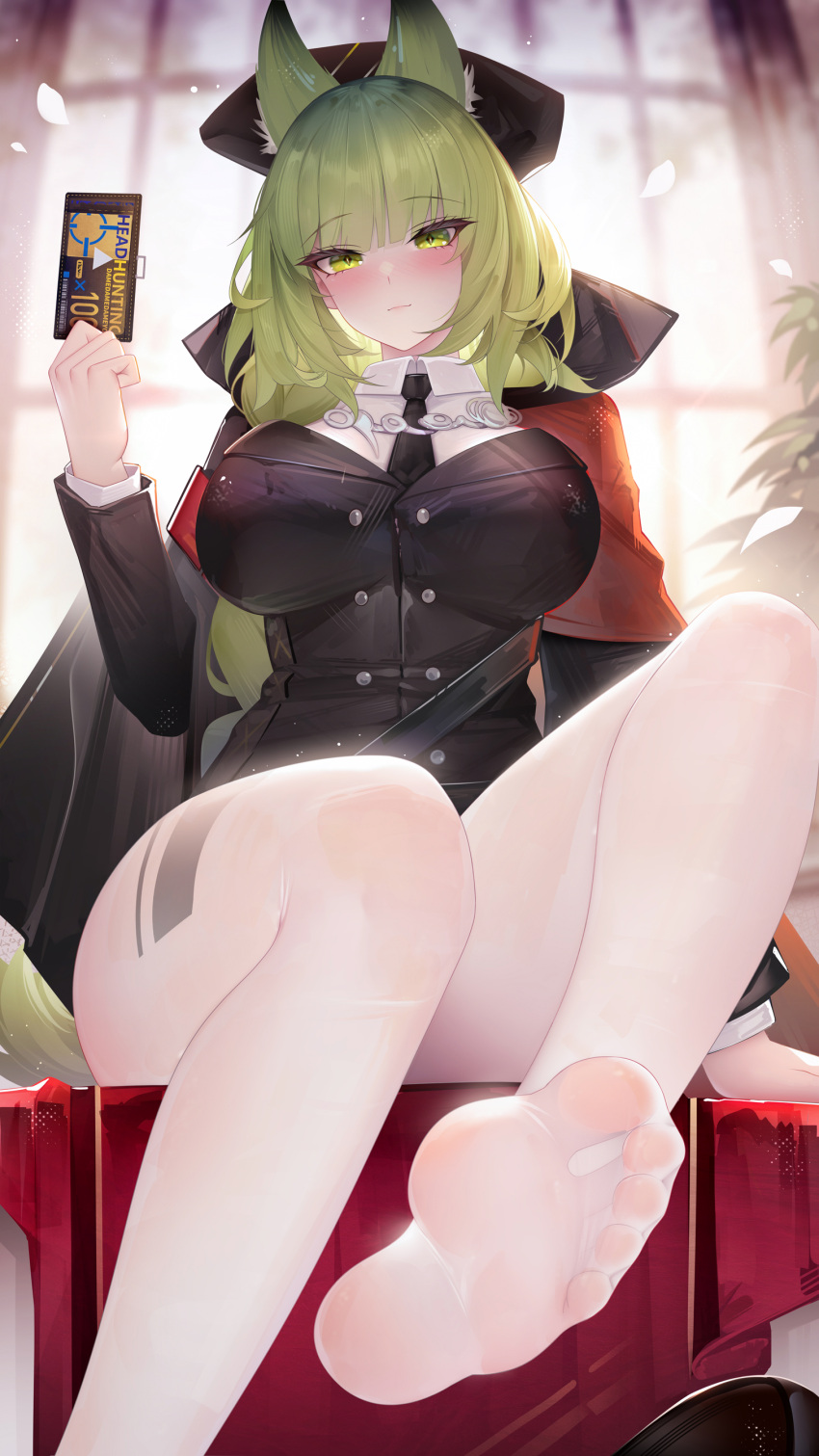 1girl absurdres animal_ears arknights binggong_asylum black_bow black_cape black_necktie black_vest blush bow breasts buttons cape cat_ears collared_shirt extra_ears foot_out_of_frame foot_up green_eyes green_hair hair_bow hand_up harmonie_(arknights) headhunting_permit_(arknights) highres holding indoors large_breasts layered_sleeves long_hair long_sleeves looking_at_viewer necktie no_shoes pantyhose plant potted_plant see-through shirt sitting soles solo thighs toes vest wet wet_clothes white_pantyhose white_shirt window