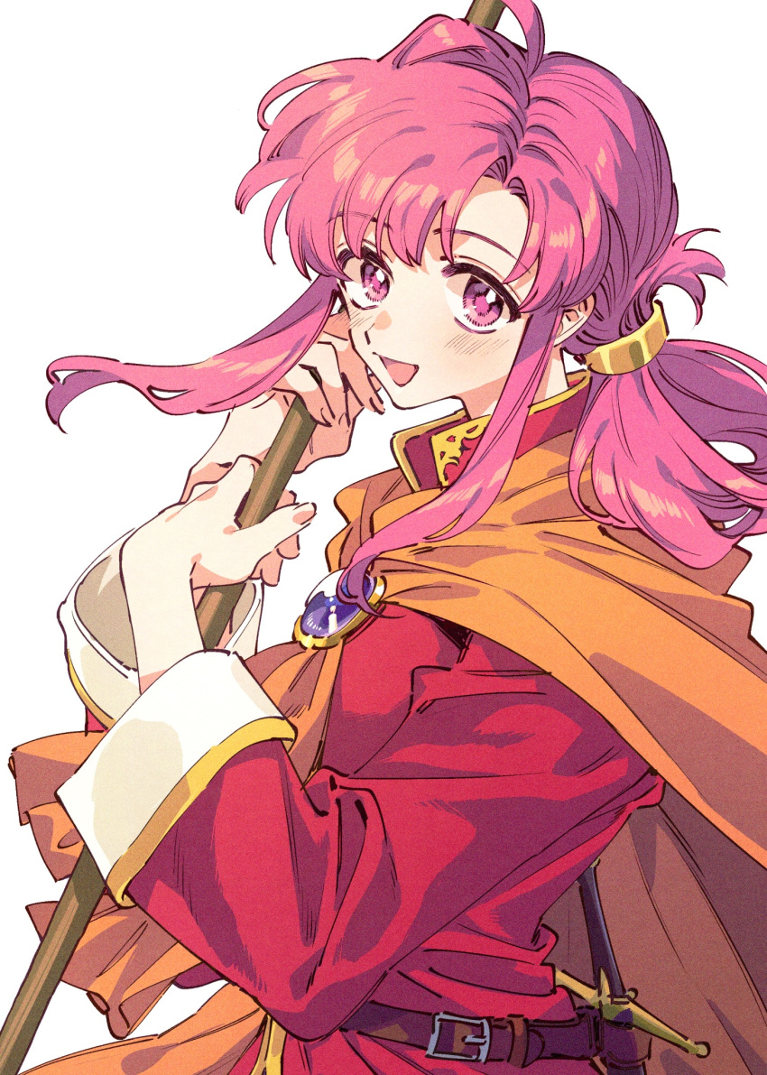 1girl ahoge blush brooch cape ethlyn_(fire_emblem) fire_emblem fire_emblem:_genealogy_of_the_holy_war folded_ponytail highres holding holding_staff jewelry long_hair long_sleeves looking_at_viewer open_mouth parted_bangs pink_eyes pink_hair scabbard sheath sheathed sidelocks simple_background smile solo staff sword upper_body wakatou weapon white_background yellow_cape