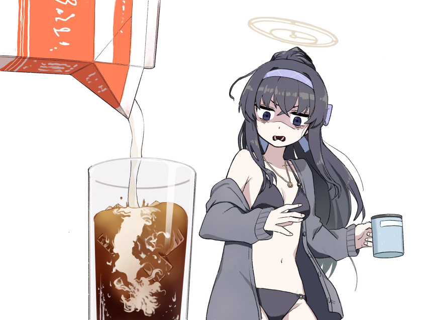 1girl bags_under_eyes bikini black_bikini black_hair blue_archive blue_eyes blue_hairband blue_ribbon cardigan crossed_bangs cup disgust glass grey_cardigan hair_between_eyes hair_ribbon hairband halo high_ponytail highres holding holding_cup ice iced_tea jewelry jitome johnnyama long_hair milk milk_carton mug navel necklace o-ring o-ring_bikini o-ring_top off_shoulder official_alternate_costume open_mouth pouring ribbon shaded_face simple_background solo standing stomach surprised swimsuit teeth ui_(blue_archive) ui_(swimsuit)_(blue_archive) very_long_hair white_background