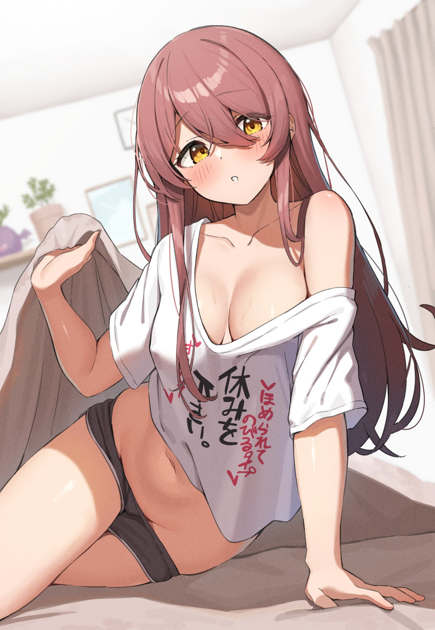 1girl absurdres arm_support bed_sheet black_shorts blanket blush breasts cleavage collarbone dolphin_shorts hair_between_eyes highres holding holding_blanket idolmaster idolmaster_shiny_colors lifting_covers long_hair looking_at_viewer medium_breasts navel no_bra on_bed open_mouth osaki_tenka red_hair shirt short_shorts shorts sitting solo sweat swept_bangs under_covers wanimaru white_shirt yellow_eyes