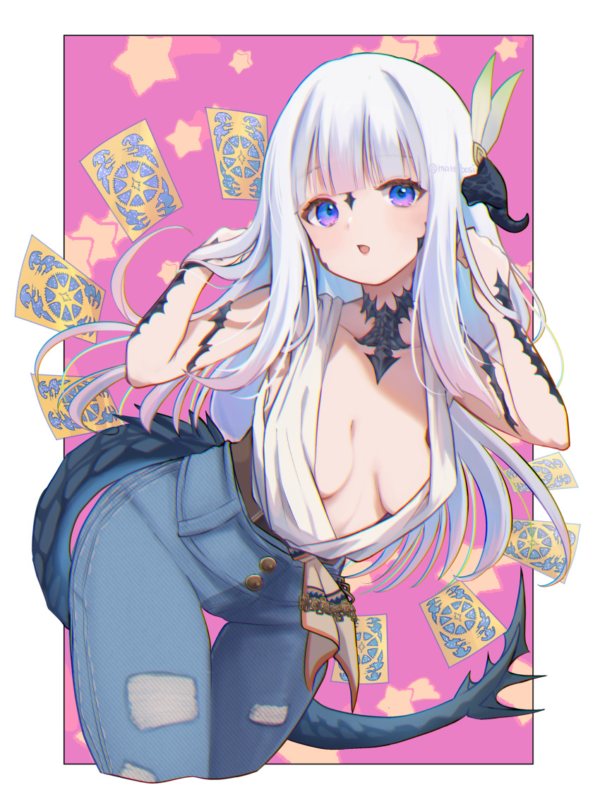 1girl au_ra blue_eyes blunt_bangs blush breasts breasts_apart collarbone commission cowboy_shot denim dot_nose dragon_girl dragon_horns dragon_tail final_fantasy final_fantasy_xiv gradient_eyes hands_in_hair highres horns jeans long_hair looking_at_viewer marekamico multicolored_eyes no_bra pants parted_lips purple_eyes scales sidelocks single_horn skeb_commission skinny_jeans solo tail torn_clothes torn_jeans torn_pants twitter_username two-tone_eyes warrior_of_light_(ff14) white_hair