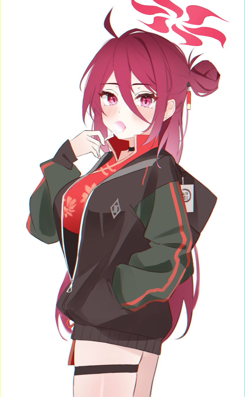 1girl absurdres black_jacket blue_archive china_dress chinese_clothes dress green_jacket halo highres jacket liverpool0427 looking_at_viewer red_eyes red_hair reizyo_(blue_archive) simple_background solo thigh_strap thighs
