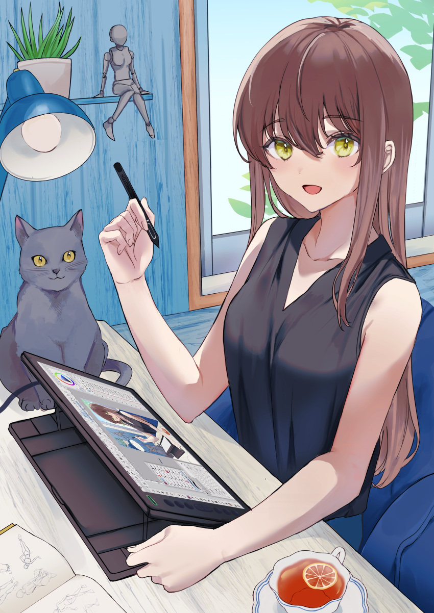 1girl :d absurdres arm_rest armpit_crease bare_shoulders black_shirt blush book breasts brown_hair cat collarbone cup day desk_lamp doll dot_nose drink food fruit hair_between_eyes highres indoors lamp long_hair looking_at_viewer medium_breasts nagi_(pickles_pipipi) notebook open_book open_mouth orange_(fruit) orange_slice original plant potted_plant raised_eyebrows saucer shelf shirt sidelocks sleeveless sleeveless_shirt smile solo straight_hair tablet_pc teacup window yellow_eyes