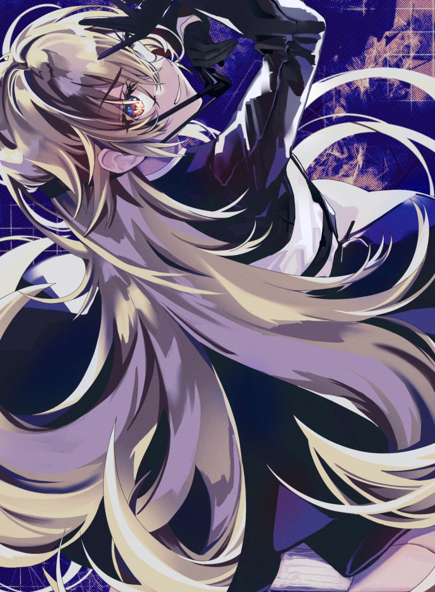 1girl arms_up black_dress black_gloves black_skirt blonde_hair blue_eyes crossed_arms dress eyepatch eyepatch_pull from_behind gloves goddess_of_victory:_nikke grin guillotine_(nikke) half_gloves highres long_hair looking_at_viewer looking_back multicolored_eyes oninigi orange_eyes skirt smile solo wavy_hair