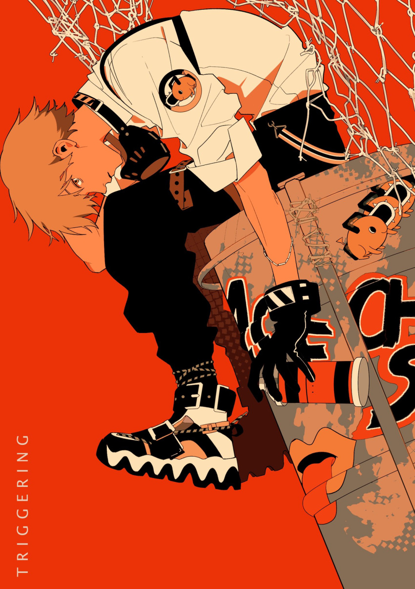 1boy black_gloves black_pants blonde_hair chainsaw chainsaw_man character_print collared_shirt denji_(chainsaw_man) drum_(container) gloves highres leaning_forward looking_at_viewer mask mask_removed mouth_mask null024 orange_background orange_theme pants pochita_(chainsaw_man) shirt shirt_tucked_in short_hair sideways_glance simple_background sitting solo spray_can white_shirt