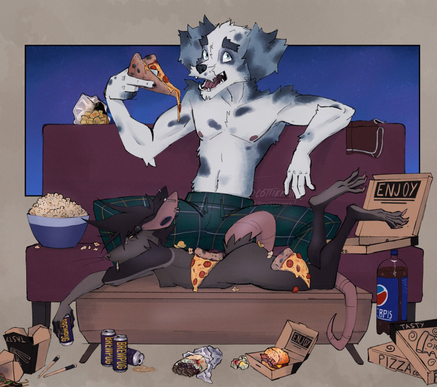 anthro beverage_can breasts brown_body brown_fur burger burrito canid canine canis chopsticks clauren_(scottieman) domestic_dog duo ear_piercing eating_pizza female food fox fur gauged_ear grey-fur hi_res looking_at_viewer lying male male/female mammal murid murine nipples nude on_front pajama_pants piercing pizza pizza_box popcorn rat rodent scottie_(scottieman) scottieman shirtless side_view small_breasts takeout_box white_body white_fur