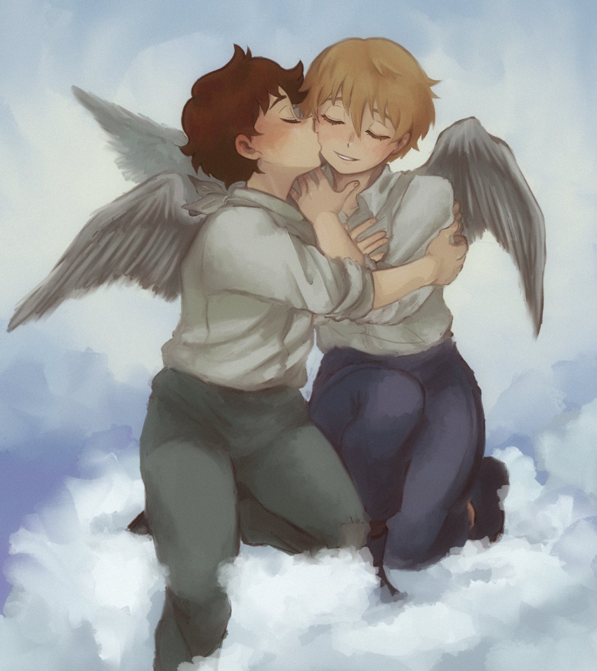 alfredo_martini angel blonde_hair brown_hair closed_eyes cloud cloudy_sky dress_shirt duck_etc highres hug kiss kissing_cheek kneeling long_sleeves pants parted_lips romeo_(romeo_no_aoi_sora) romeo_no_aoi_sora shirt shirt_tucked_in sitting sky smile white_shirt wings world_masterpiece_theater yaoi