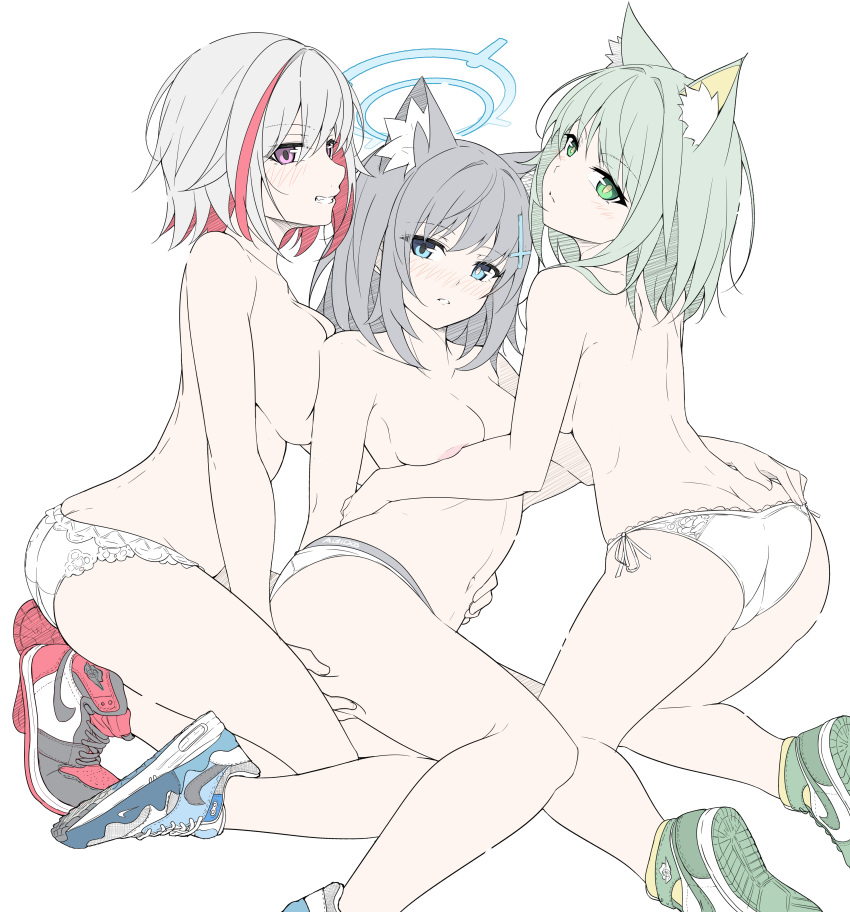 3girls absurdres air_jordan_1 animal_ear_fluff animal_ears arknights ass bare_shoulders blue_archive blue_eyes breasts cat_ears commentary cross_hair_ornament extra_ears green_eyes green_hair grey_hair hair_ornament halo highres honkai:_star_rail honkai_(series) kal'tsit_(arknights) large_breasts looking_at_viewer masabodo medium_breasts medium_hair mismatched_pupils multicolored_hair multiple_girls nike panties purple_eyes red_hair shiroko_(blue_archive) shoes short_hair simple_background sneakers streaked_hair symbol-only_commentary topaz_(honkai:_star_rail) topless underwear underwear_only white_background white_hair wolf_ears