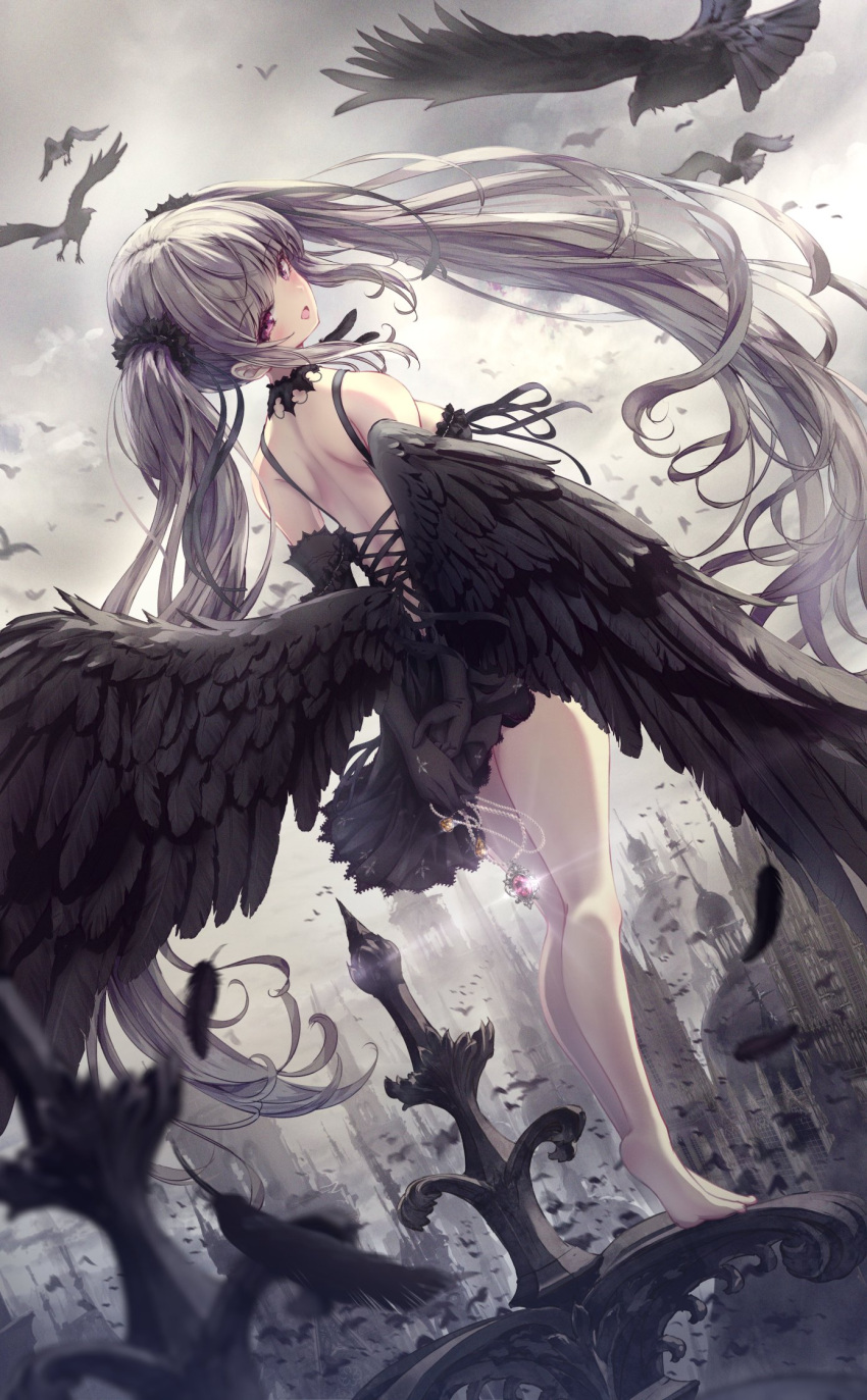 1girl :d backless_dress backless_outfit bare_shoulders barefoot bird black_dress black_feathers black_wings blurry blurry_foreground blush building cloud cloudy_sky commentary_request crow depth_of_field dress feathered_wings feathers grey_hair highres long_hair low_wings missile228 original outdoors purple_eyes sky sleeveless sleeveless_dress smile solo standing twintails very_long_hair wings