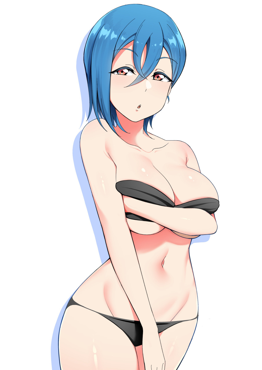 1girl :o absurdres alternate_breast_size bare_shoulders bikini black_bikini blue_hair breast_hold breasts cleavage collarbone commentary covering covering_breasts hair_between_eyes highres large_breasts limelam06 looking_at_viewer love_live! love_live!_superstar!! navel open_mouth orange_eyes short_hair simple_background solo swimsuit underboob upper_body wakana_shiki white_background