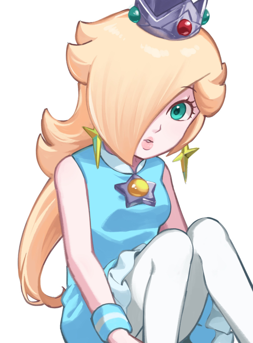 1girl absurdres bare_shoulders blonde_hair blue_dress blue_eyes brooch crown dress earrings hair_over_one_eye highres jewelry long_hair looking_at_viewer mario_(series) mario_tennis pantyhose parted_lips rosalina sasaki_sakiko sleeveless sleeveless_dress solo star_(symbol) star_earrings tennis_rosalina white_background white_pantyhose wristband