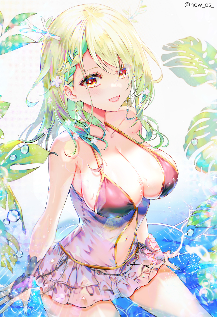 1girl :d absurdres antlers braid branch bridal_gauntlets ceres_fauna flower gold_trim green_hair hair_flower hair_ornament highres hololive hololive_english leaf long_hair mole mole_under_eye sitting smile solo sowon swimsuit swimsuit_skirt virtual_youtuber water yellow_eyes