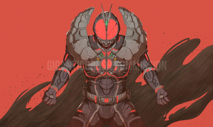 1boy absurdres alternate_costume antennae armor black_armor black_bodysuit bodysuit clenched_hands commission cropped_legs faiz_accel faiz_driver giganticbrush highres kamen_rider kamen_rider_555 kamen_rider_faiz male_focus neon_lights power_armor red_background red_eyes shark solo spread_legs tokusatsu