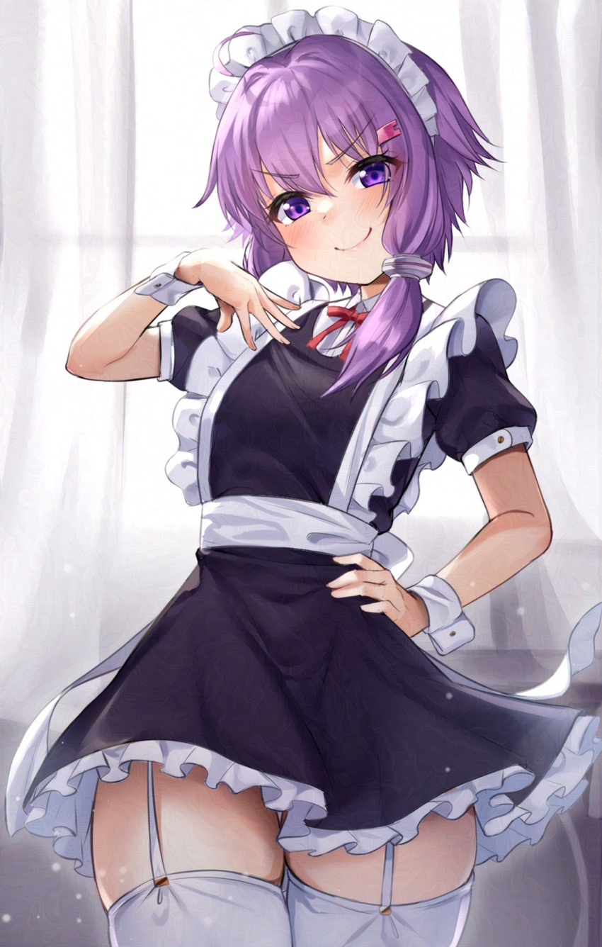 1girl alternate_costume black_dress blush day dress enmaided frilled_dress frills from_below garter_straps hair_between_eyes hair_ornament hairpin hand_on_own_chest hand_on_own_hip hand_up head_tilt highres indoors long_hair looking_at_viewer maid maid_day maid_headdress purple_eyes purple_hair short_sleeves skindentation smile solo tenneko_yuuri thighhighs thighs vocaloid voiceroid wrist_cuffs yuzuki_yukari