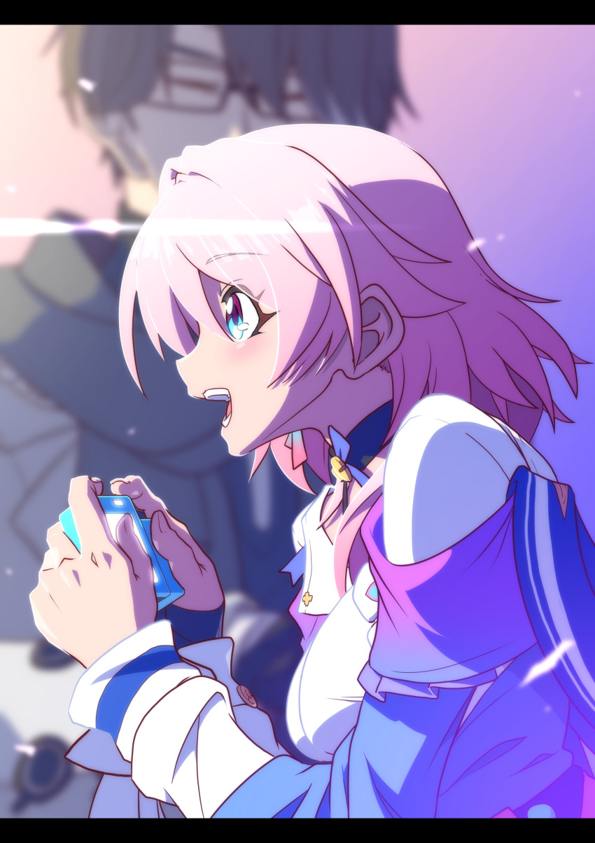 1boy 1girl absurdres blue_eyes breasts brown_hair camera closed_eyes commentary_request glasses highres holding holding_camera honkai:_star_rail honkai_(series) imtmcomics march_7th_(honkai:_star_rail) medium_breasts medium_hair open_mouth pink_hair teeth tongue upper_body