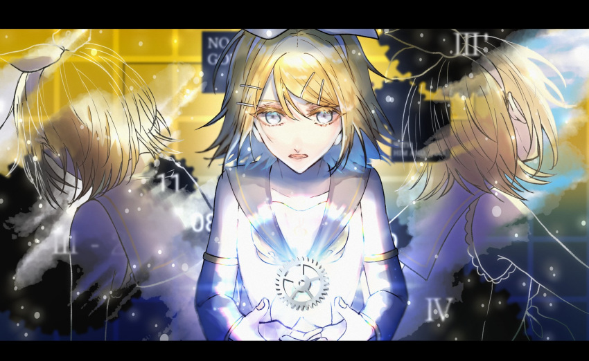 1girl bare_shoulders blonde_hair blue_eyes blue_sky bow cloud collarbone colored_eyelashes detached_sleeves evillious_nendaiki flat_chest floating floating_object gears grey_sailor_collar grey_sleeves hair_bow hair_ornament hairclip highres kagamine_rin light_particles looking_at_viewer looking_down looking_up medium_hair multiple_persona neckerchief open_mouth roman_numeral sailor_collar sky solo treble_clef vocaloid warabi_(danngo-mitarasi) white_bow yellow_background yellow_nails yellow_neckerchief zenmai_jikake_no_komoriuta_(vocaloid)