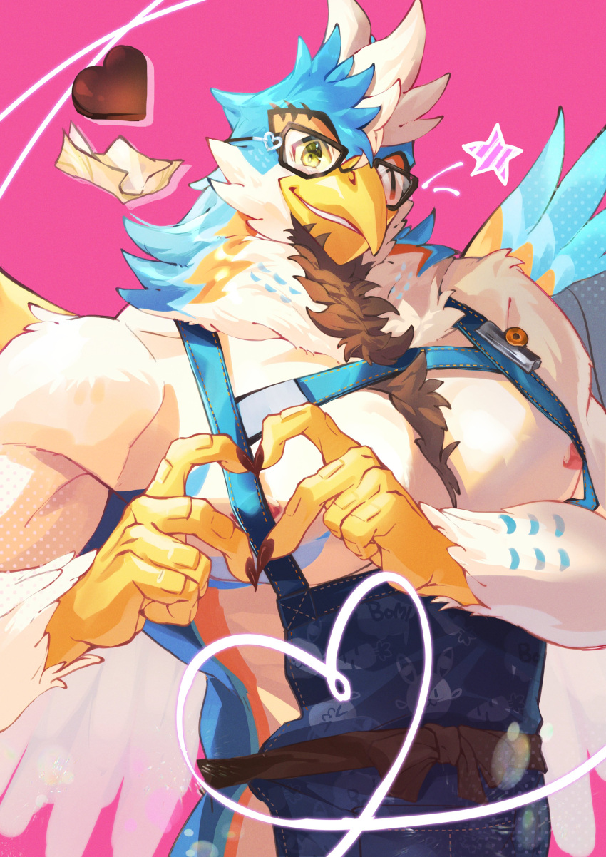 absurd_res accipitrid accipitriform another_eidos_of_dragon_vein_r anthro apron apron_only avian beak bird blue_body blue_feathers candy chest_tuft chocolate clothing dessert dion_(anothereidos_r) eagle eyewear feathers food ge5ajtqitgcpx0m glasses heart_sign hi_res male mostly_nude muscular muscular_male nipples pecs solo taloned_hands tuft white_body white_feathers wings yellow_body yellow_feathers