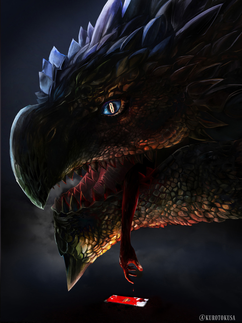absurd_res ambiguous_gender blood blood_covered blue_eyes bodily_fluids capcom cellphone flying_wyvern hard_vore head_only hi_res human inside_mouth male mammal monster_hunter phone rath_wyvern rathalos scales scalie simple_background smartphone teeth vore