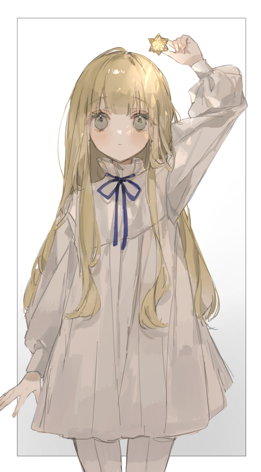 1girl absurdres arm_up blonde_hair blue_ribbon closed_mouth dress highres holding kyuumura long_hair long_sleeves looking_at_viewer original ribbon simple_background sketch solo white_background white_dress