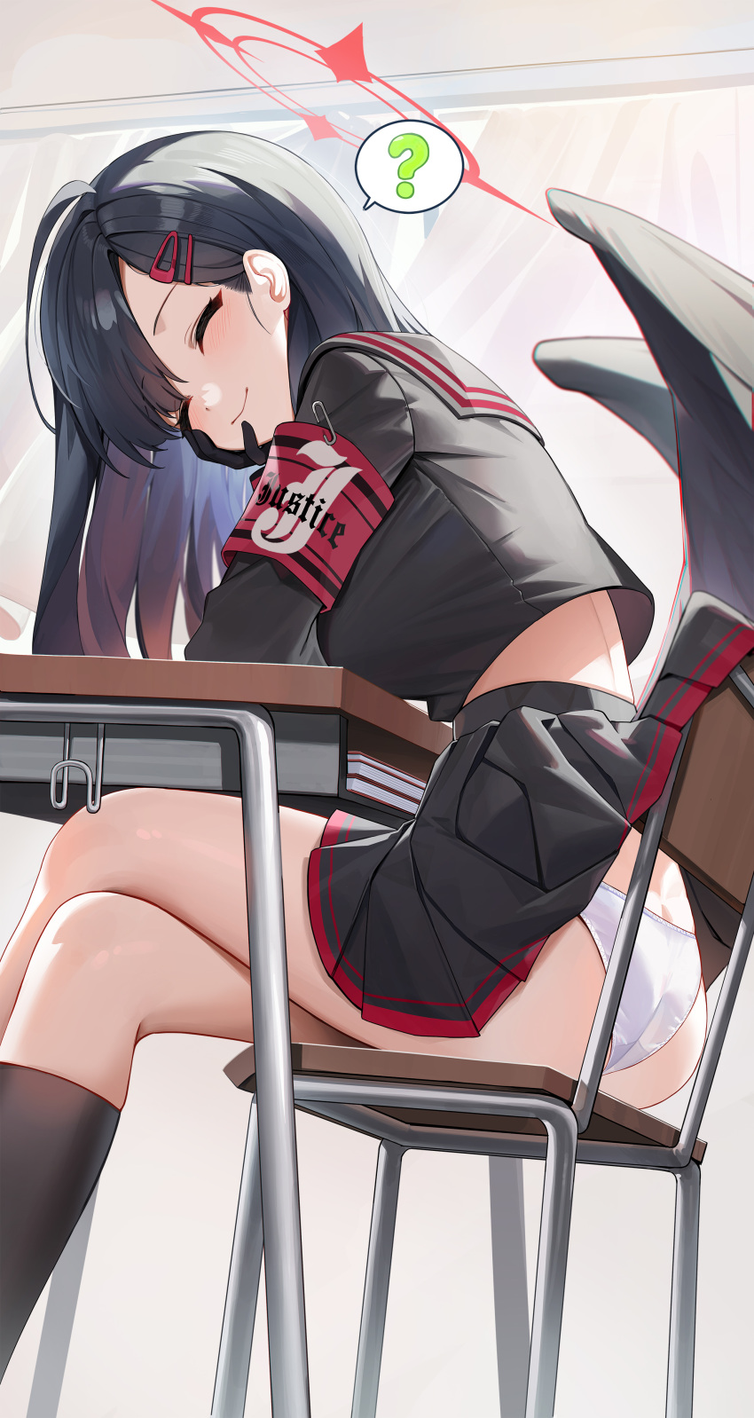 1girl ? absurdres accidental_exposure armband ass black_gloves black_hair black_serafuku black_skirt black_socks black_wings blue_archive chair closed_eyes clothes_lift desk elbow_rest from_side gloves hair_ornament hairclip halo head_rest highres hutosutoro ichika_(blue_archive) miniskirt panties pleated_skirt red_armband school_chair school_desk school_uniform serafuku sitting skirt skirt_lift socks solo spoken_question_mark thighs underwear white_panties wings