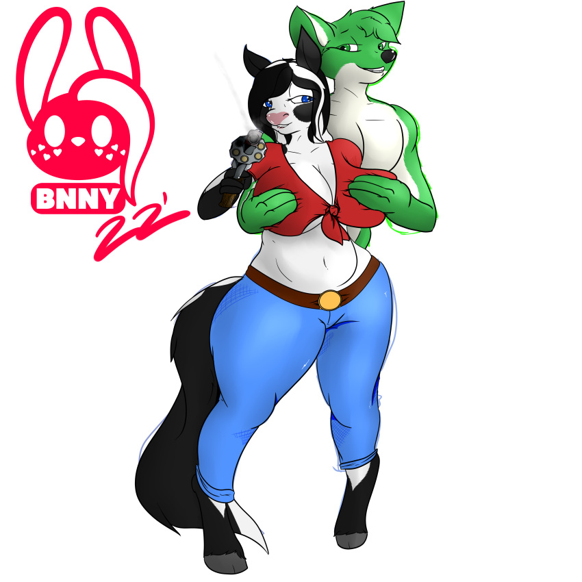 1:1 2022 absurd_res anthro black_body black_ears black_fur black_hair black_tail blue_clothing blue_eyes bottomwear breast_grab breasts brown_clothing canid canine canis cesar_(cesaroma71) clothing duo equid equine female fur green_ears green_eyes green_hair hair hand_on_breast hi_res highlights_(coloring) hooves horse jessica_(big_jessica) mammal markings pointing_gun_at_viewer red_clothing signature smoking_gun succubusbnny tail tail_markings topwear two_tone_tail white_body white_ears white_fur white_hair white_tail wolf yellow_clothing