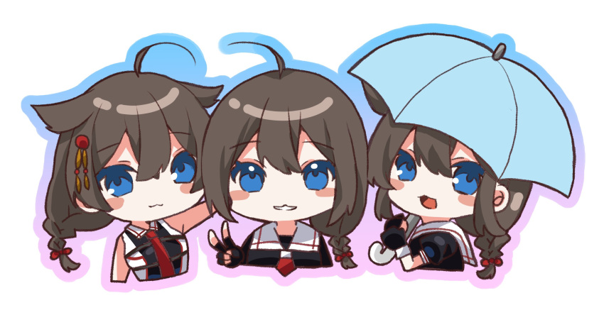 3girls ahoge black_gloves black_hair black_serafuku blue_eyes braid chibi fingerless_gloves gloves hair_flaps hair_over_shoulder highres kantai_collection kazama_gorou long_hair looking_at_viewer multiple_girls multiple_persona neckerchief necktie red_neckerchief red_necktie sailor_collar school_uniform serafuku shigure_(kancolle) shigure_kai_ni_(kancolle) shigure_kai_san_(kancolle) shirt single_braid sleeveless sleeveless_shirt umbrella upper_body white_sailor_collar yamashiro_(kancolle)