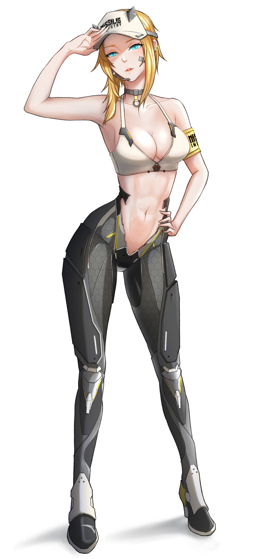 1girl abs absurdres armband armpits arms_up bandaid bandaid_on_cheek bandaid_on_face bare_shoulders black_choker blonde_hair blue_eyes breasts choker cleavage collarbone ear_piercing earpiece english_commentary full_body goddess_of_victory:_nikke groin hand_on_own_hip highres kono_yaro looking_at_viewer maxwell_(nikke) mechanical_legs medium_breasts midriff multiple_piercings navel parted_lips piercing shadow short_hair short_hair_with_long_locks sidelocks simple_background solo sports_bra standing visor_cap white_background white_sports_bra
