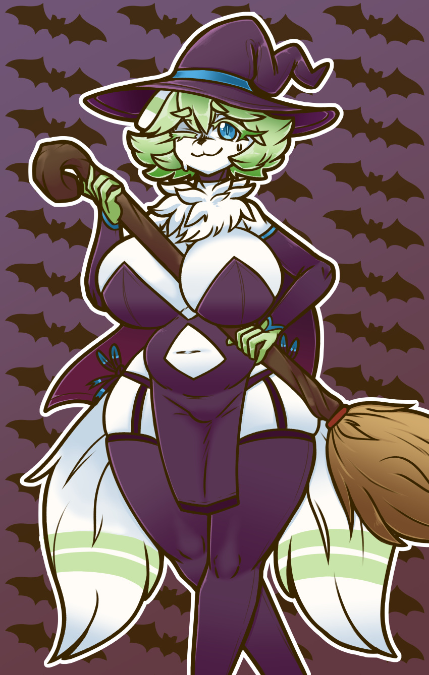 absurd_res anthro bat big_breasts blue_eyes breasts broom cleaning_tool clothing female fluffy fluffy_tail fur generation_6_pokemon green_hair hair hat headgear headwear hebleh hi_res magic_user mammal mature_female meowstic navel neck_tuft nintendo pokemon pokemon_(species) purple_clothing shadyshadsie tail thick_thighs tuft twin_tail white_body white_fur witch witch_costume witch_hat