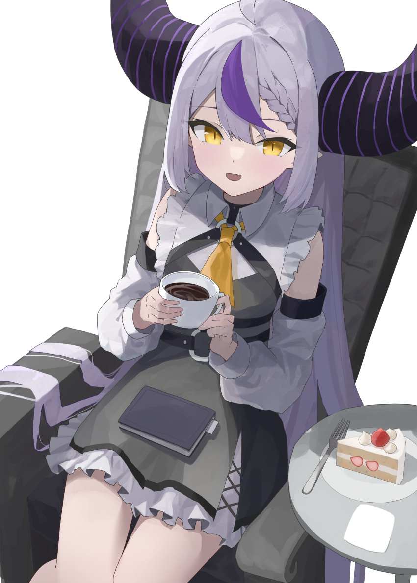 1girl absurdres ahoge black_horns book braid cake cup detached_sleeves evening_rabbit food fork grey_hair highres holding holding_cup hololive horns la+_darknesss long_hair multicolored_hair plate pointy_ears purple_hair solo streaked_hair striped_horns very_long_hair virtual_youtuber