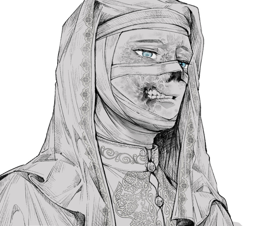 1boy bandaged_head bandages blue_eyes commentary crosshatching greyscale hatching_(texture) head_scarf king_baldwin_iv kingdom_of_heaven kulissara-aung leprosy male_focus monochrome portrait scar scar_on_face solo spot_color