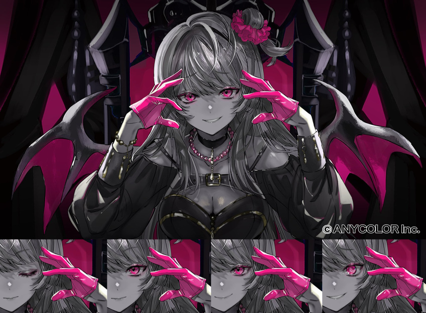 1girl breasts cleavage closed_eyes commentary_request demon_lord_(vocaloid) demon_wings eyeshadow gloves hair_bun half_gloves highres hmng jewelry kotoka_torahime long_hair makeup necklace nijisanji nijisanji_en official_art pearl_necklace pink_eyeshadow pink_gloves pink_hair single_side_bun smile solo spot_color wings