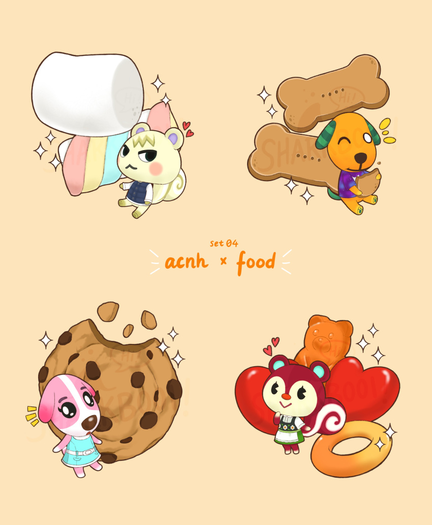 2boys 2girls :&gt; :3 :o absurdres animal_crossing apron belt biskit_(animal_crossing) blue_dress blue_vest blush blush_stickers brown_background buttons candy chocolate_chip_cookie closed_mouth collared_shirt commentary_request cookie cookie_(animal_crossing) dog_biscuit dog_boy dog_girl dress eating floral_print food furry furry_female furry_male green_dress gummy_bear heart highres holding holding_food long_sleeves looking_at_viewer marshal_(animal_crossing) marshmallow multiple_boys multiple_girls notice_lines one_eye_closed open_mouth pawpads pet_food pinafore_dress poppy_(animal_crossing) purple_shirt sharkbooi shirt short_sleeves simple_background sleeveless sleeveless_dress smile sparkle squirrel_boy squirrel_girl v-shaped_eyebrows vest waist_apron white_apron white_belt white_shirt