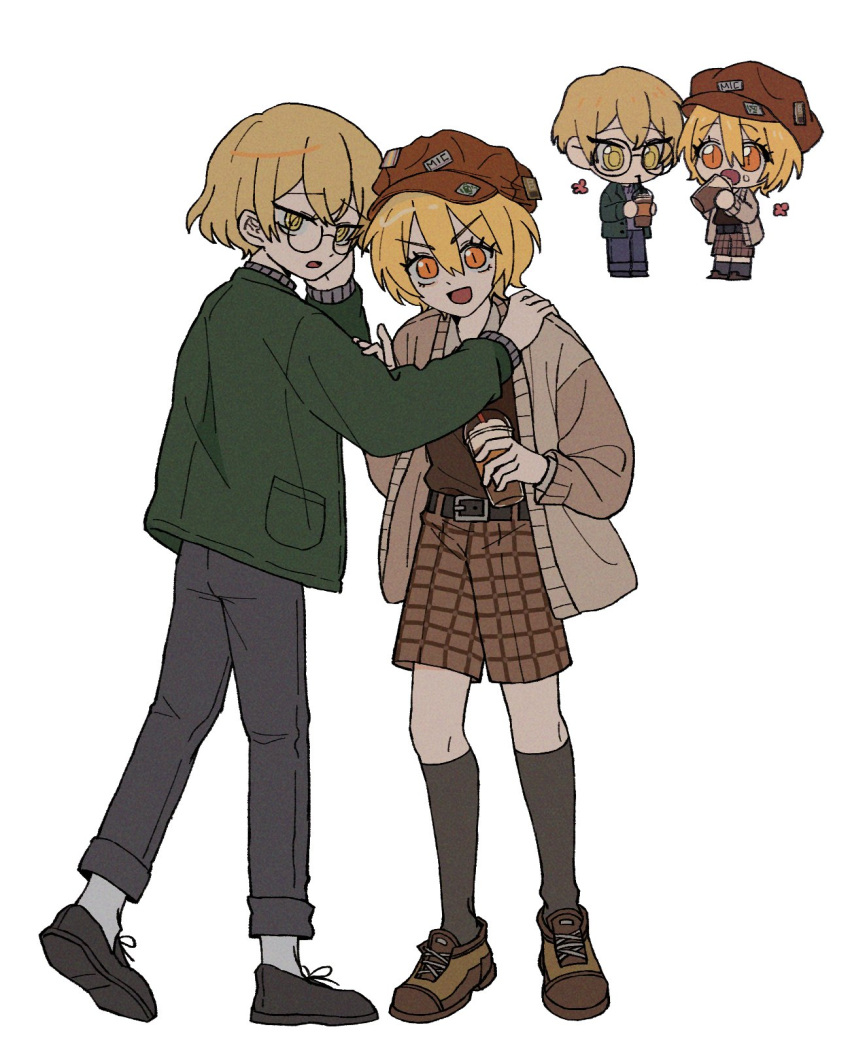 1boy 1girl belt blonde_hair brown_belt brown_footwear brown_headwear brown_jacket brown_shirt brown_shorts brown_socks chibi commentary_request cup don_quixote_(limbus_company) drinking glasses green_jacket grey_pants grey_sweater hat hat_pin highres holding holding_cup jacket korean_commentary limbus_company long_sleeves open_clothes open_jacket open_mouth orange_eyes pants project_moon ribbed_sweater round_eyewear shirt shoes short_hair shorts simple_background sinclair_(limbus_company) slit_pupils smile socks sweater turtleneck turtleneck_sweater v-shaped_eyebrows white_background white_socks yellow_eyes zao_(zaoooooo)