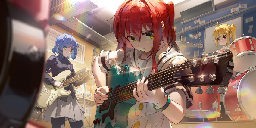 4girls absurdres ahoge bass_guitar black_pantyhose black_shirt blonde_hair blue_hair bocchi_the_rock! brown_eyes closed_mouth concentrating drum drum_set from_below glint gotoh_hitori green_eyes grey_skirt hair_between_eyes hair_ornament hair_scrunchie hairclip highres holding holding_guitar holding_instrument ijichi_nijika indoors industrial_pipe instrument kita_ikuyo lanyed_(949455243) light_particles long_hair long_sleeves mole mole_under_eye multiple_girls music one_side_up orange_eyes pantyhose playing_instrument pleated_skirt red_hair scrunchie shelf shirt short_sleeves side_ponytail skirt solo_focus standing untucked_shirt vent_(object) yamada_ryo yellow_eyes yellow_scrunchie