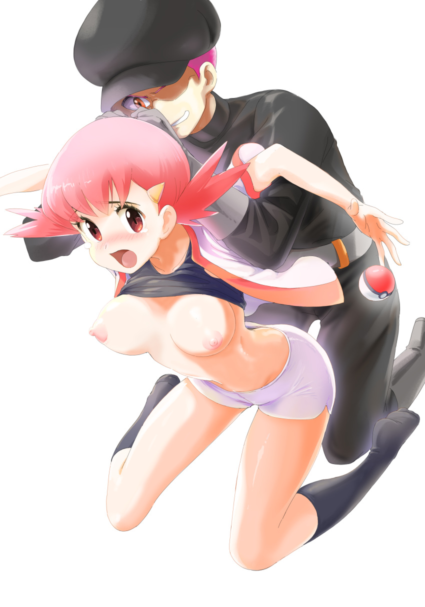 1boy 1girl :o absurdres black_shirt black_socks blush breasts breasts_out brown_eyes clothes_lift commission dropped_object eyelashes hair_ornament hairclip highres jacket long_hair nipples no_bra open_clothes open_jacket open_mouth pink_hair pixiv_commission poke_ball poke_ball_(basic) pokemon pokemon_(game) pokemon_gsc shirt shirt_lift short_shorts short_sleeves shorts socks team_rocket team_rocket_grunt team_rocket_uniform tearing_up tongue twintails u4_99384295 white_jacket white_shorts whitney_(pokemon)
