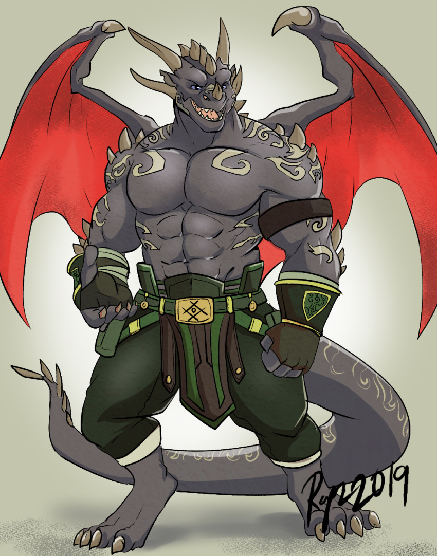 abs anthro clothed clothing dragon hi_res horn lofnirv male muscular muscular_anthro muscular_male pecs scalie smile solo tail tattoo teeth topless wings