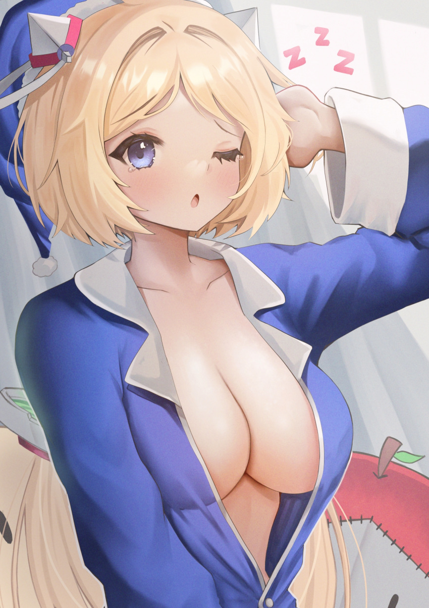 1girl absurdres aki_rosenthal blonde_hair blue_eyes blue_pajamas blush bow breasts cleavage collarbone collared_shirt commission cowboy_shot detached_hair english_commentary hair_bow hand_in_own_hair hat highres hololive large_breasts long_hair long_sleeves looking_at_viewer nightcap no_bra nyu-tan94 one_eye_closed open_clothes open_mouth open_shirt pajamas shirt short_hair solo upper_body very_long_hair virtual_youtuber