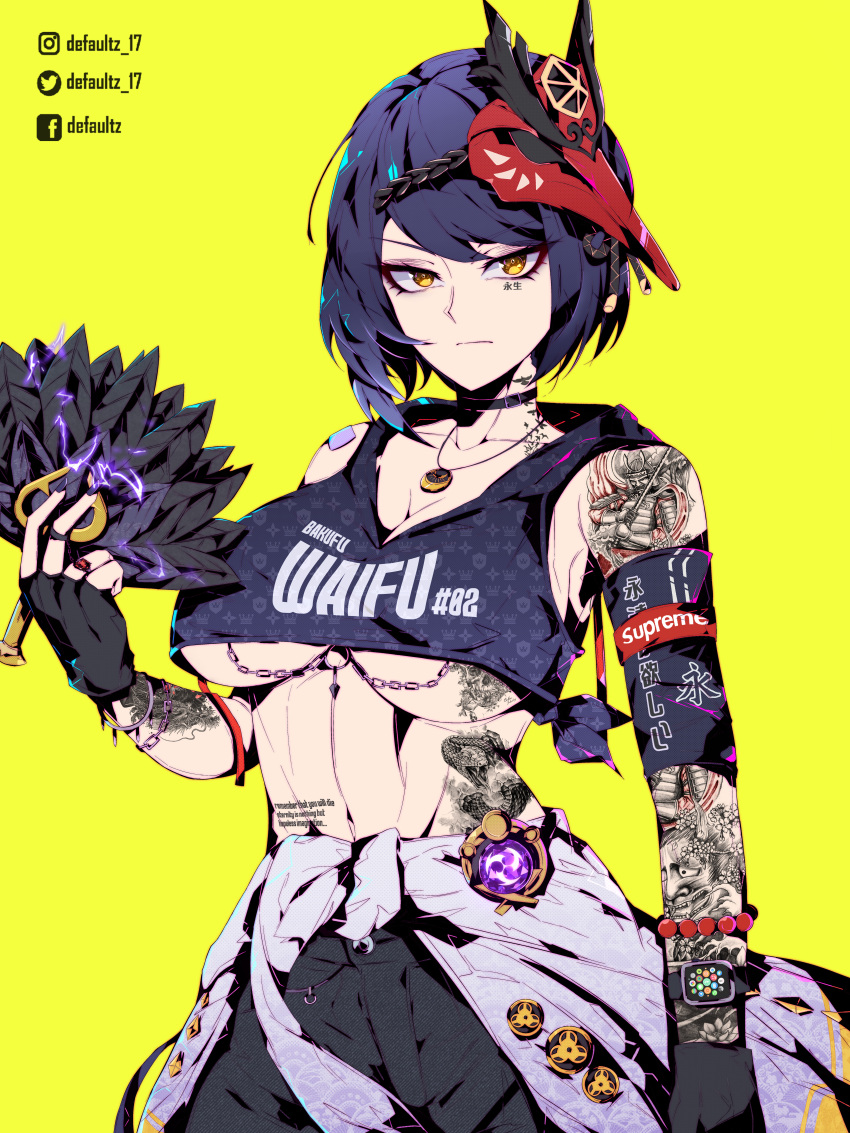 1girl absurdres arm_tattoo bird_mask bird_tattoo black_choker black_gloves black_hair black_nails black_pants black_tank_top bracelet breast_tattoo breasts chain choker cleavage clothes_around_waist clothes_writing collarbone crop_top defaultz facial_tattoo fingerless_gloves gem genshin_impact gloves highres jacket jacket_around_waist jewelry kujou_sara large_breasts mask mask_on_head midriff navel neck_tattoo necklace pants purple_gemstone ring short_hair snake_tattoo stomach_tattoo tank_top tattoo underboob watch wristwatch yellow_background