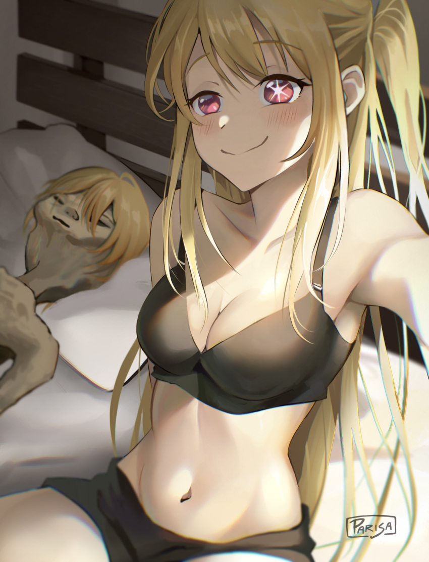 alien bed black_bra black_shorts blonde_hair blush bra breasts highres hoshino_aquamarine hoshino_ruby meme mexico_ufo_alien_bodies_hearing_(meme) midriff navel no_shirt oshi_no_ko parisa_reaz red_eyes short_shorts shorts side_ponytail sidelocks smile star-shaped_pupils star_(symbol) star_in_eye symbol-shaped_pupils symbol_in_eye underwear